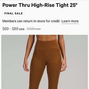 NWT lululemon power thru hr tight 25”